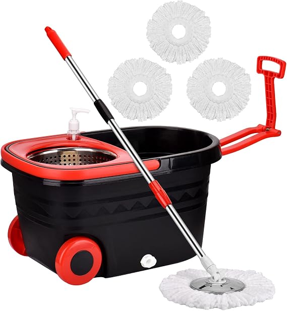 Spin Mop and Bucket with Wringer Set on Wheels, 3 Mop Refills, 61" Handle | 360 Spinning Mop System with Stainless Steel Extended Handle & 3 Microfiber Refills for Floor Cleaning