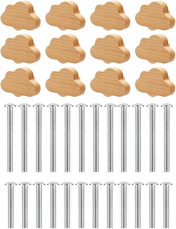 12 Pack Cloud Shaped Wooden Knobs Boho Dresser Knobs, Cabinet Knobs Door Knobs with Screws, Beech Wood Cupboard Knobs, Wooden Drawer Pulls for Cabinets, Furniture Décor Handles