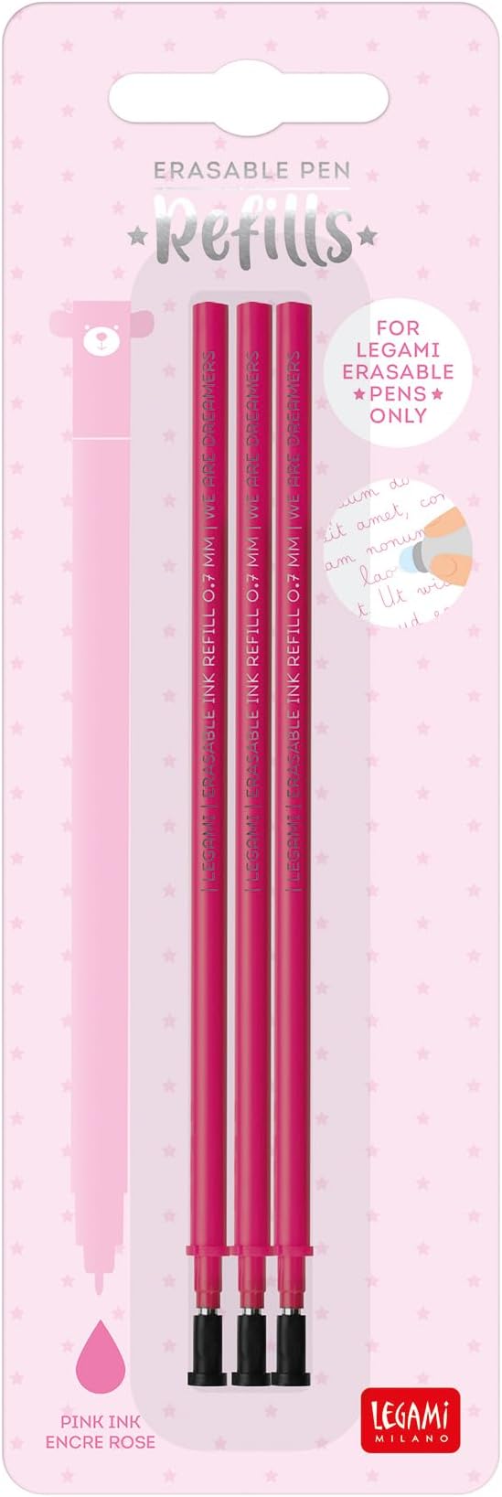 Legami Refill for Erasable Gel Pen, Set of 3 Refills, 13 cm Height, Pink Thermosensitive Ink, 0.7 mm Tip