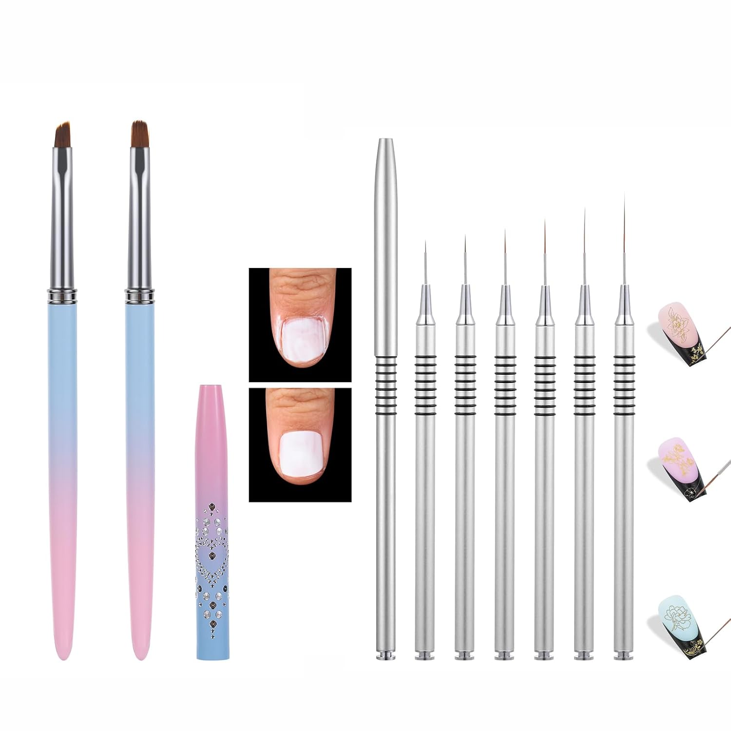 2PCS Round&Angled Nail Art Clean Up Brushes for OPI Nail Polish Remover  6PCS Sliver Nail Liner Brushes for Detail Painting Design Fine Lines Drawing, 579111525mm