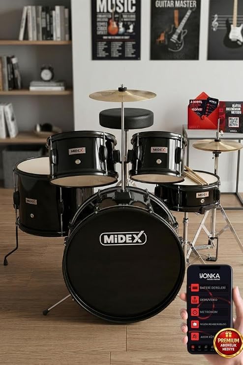 Midex CD500X-BK Akustik Çocuk Baterisi Davulu Seti 5-18 Yaş İçin Full Set