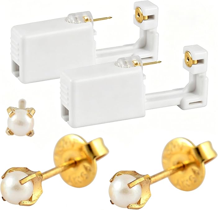 Pair Disposable Sterile Ear Piercing Unit Cartilage Tragus Helix Piercing Gun NO PAIN Piercer Tool Machine Kit Stud Choose Design (Pair 419,Gold Pearl)