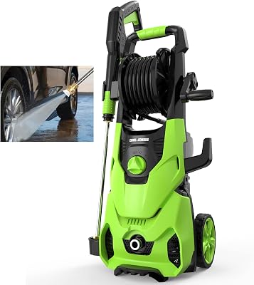 Rock&Rocker Electric Pressure Washer, 2150 Max PSI 2.6 GPM Washer with 4 Nozzles Foam Cannon for Cars,Powerful Electric Power Car Washer with Hose Reel&Soap Tank,Cleans CarsFencesPatios Green