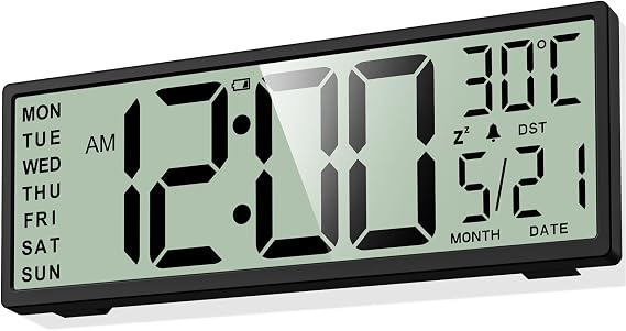 XREXS 14.5" Digital Wall Clock Battery Operated with Big Digits LCD Screen Display, Large Display Timer with Temperature Date Week Auto DST, Alarm Clock for Classroom, Livingroom, Office