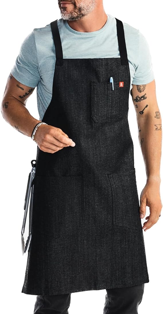 hedley & bennett Crossback Chef Apron, Pockets & Towel Loop, Abalone Black | Adjustable straps ease neck strain, machine washable, 33x30 coverage, for cooking, grilling & baking