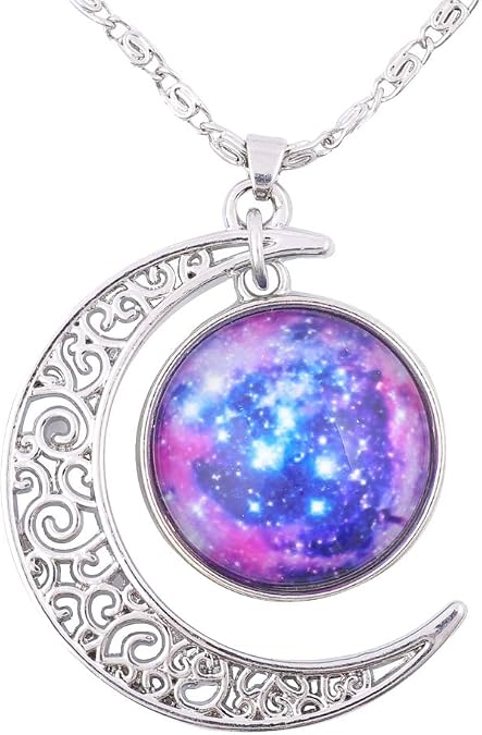 FANSING Galaxy Pendant Necklaces for Women Crescent Moon Nebula Necklace Universe Space Jewelry