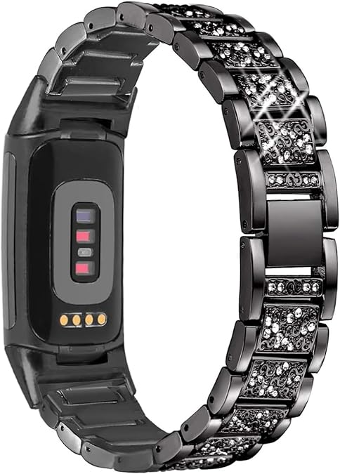 Bling Bands Compatible with Fitbit Charge 6/Charge 5, Dressy Metal Bracelet Luxurious Rhinestone Replacement Wristband for Women, Silver Black Gold