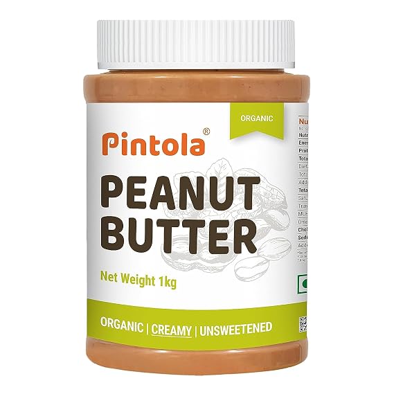 Pintola Organic Unsweetened Peanut Butter Creamy 1kg - High Protein 30g & 9g Dietary Fiber, Made with Organic Peanuts, No Added Sugar, No Preservatives, Helps in Weight Management & Muscle Building