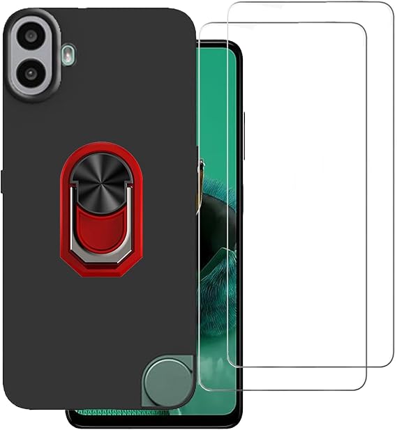 for Nothing CMF Phone 1 Case 2 Pack Screen Protector Tempered Glass, CMF Phone 1 Case,Full Body Shock Protective Kickstand 360 Ring Holder Back Phone Case for Nothing CMF Phone 1 -Red