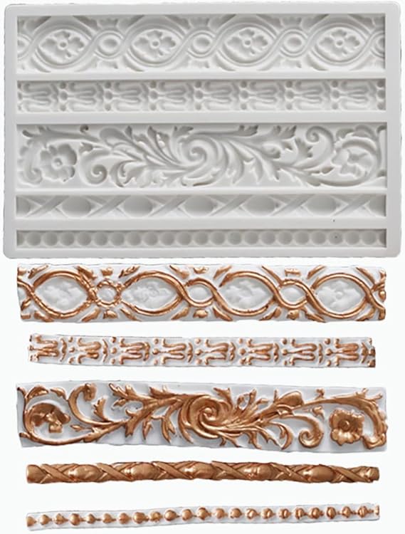 Baroque Scroll Relief Cake Border European Frame Fondant Silicone Mold | for Vintage Curlicues Clay Molds Biscuit Plaster resin Cupcake Topper Birthday Party Cake Decor Relief Flower Lace Moulds