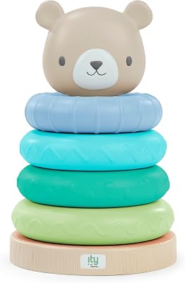 Ingenuity: ity by Ingenuity Cutie Stacks, 4 BPA-Free Rings, Faux Wood Stand, Bear Topper, Unisex, for Ages 6 Months and Up - Nate