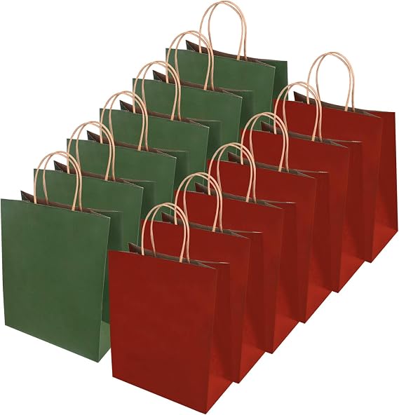 Livder 24 Pieces Christmas Red Green Paper Bags (10.6 x 8.66 x 4.3 Inches)
