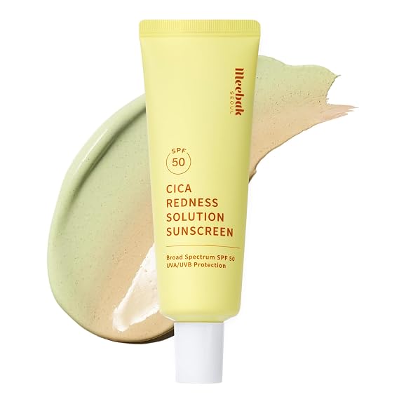 Meebak Green Tinted Sunscreen SPF 50, Korean Redness Correcting CC Cream | Green Color Corrector & Sunscreen, Tone Perfecting Primer with Centella & Ceramide, Fair to Medium Skin Tone, 1.69 fl oz