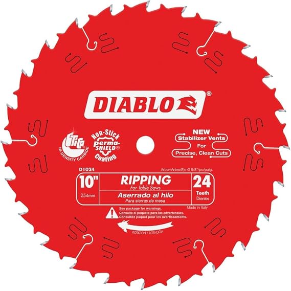 Diablo Ripping Saw Blade for Wood - 10" Diameter, 24 ATB Teeth, 5/8" Arbor, .098" Kerf, 15 Hook Angle, .071" Plate, Max 6000 RPM - D1024X | Thin kerf, Perma-Shield coating