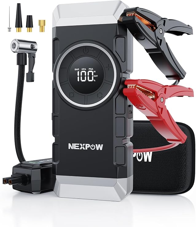 NEXPOW Car Battery Jump Starter with Air Compressor 3000A Peak,12V 150PSI Portable Jumpstart Box for Up to 8L Gas and 8L Diesel Engines, PD18W Quick Charging, Force Start Button