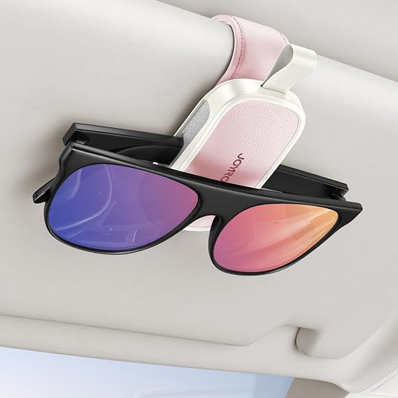 JOYROOM Magnetic Leather Sunglass Holder for Car Visor - Pink | One hand magnetic glasses holder for car visor clip, Soft leather lining protects frames, fits all auto sunglasses.