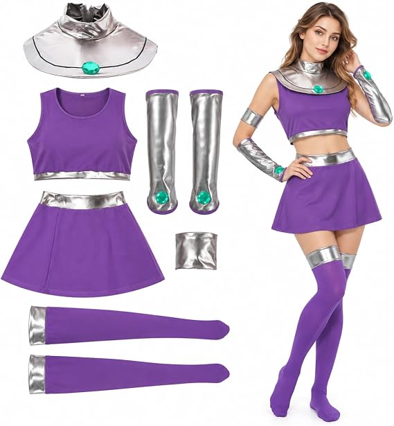 Starfire Costume Women Halloween Anime 6PCS Purple Princess Outfits