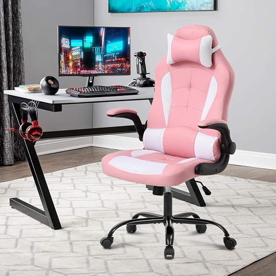 Gaming Chair Racing Ergonomic Racing Chair High Back PC Computer Gaming Chairs with Headrest Lumbar Support & Flip-up Arms PU Leather Adjustable Height Swivel, Pink