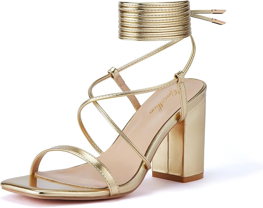GENSHUO Square Toe Sandals Women Lace up Chunky High Heels Strappy Sandals Block Heeled Ankle Wrap Homecoming Wedding Dress Shoes Gold Size 9.5