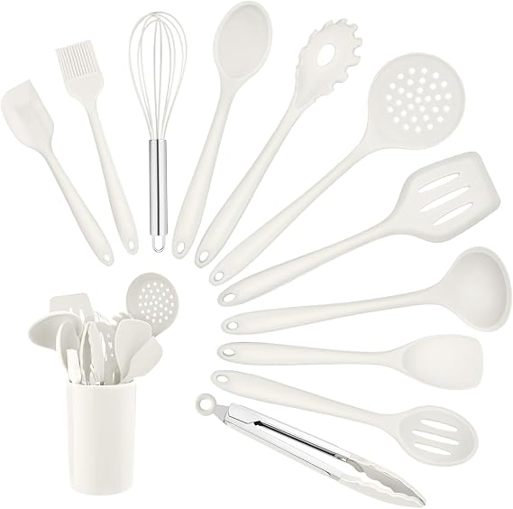 Homikit Silikon Küchenhelfer Set 12 Stück Weiß Kochutensilien Hitzebeständiger Kochgeschirr Küchenutensilien Kochbesteck mit Utensilienhalter Gesund & Antihaft Spülmaschinengeeignet