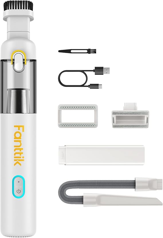 Fanttik Slim V8 Mate Cordless Car Vacuum Suction Power 12000Pa, Portable Mini Vacuum with Flexible Hose and Pet Brush, 2 Hours Fast Charging, Portable for Car, Office Desk, Keyboards, White