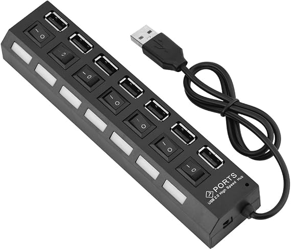 7 Port USB Hub,480Mbps No Conflict Plug & Play USB 2.0 Charger Hub with 7 Independent Switches and Multi-Level for Mobile Phone, Tablet PC, Keyboard, Mouse, Hard Drive, etc