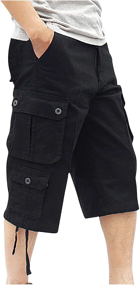 Mens Cargo Pants Casual Loose Cotton Multi Pockets Shorts 7 Inch Inseam Outdoor Fashion Utility Tooling Trousers