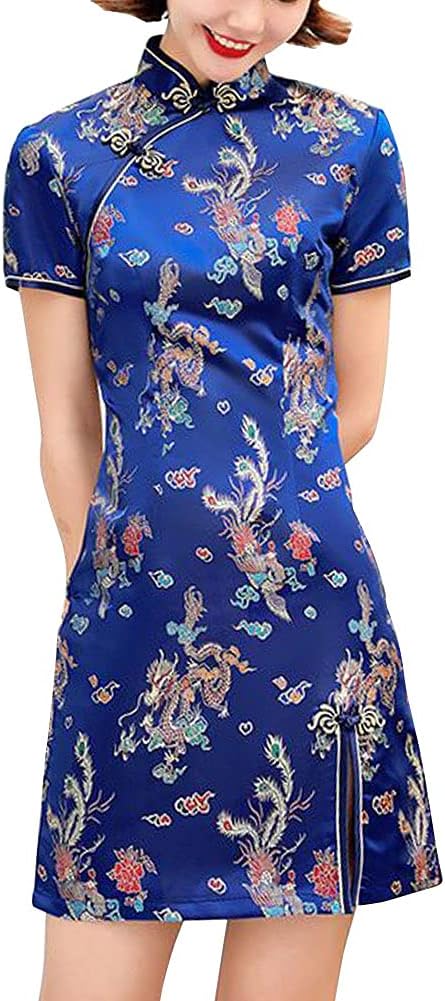 Cheongsam Costume Short Sleeve Side Slit Floral Print Mandarin Collar Vintage Chinese Evening Mini Bodycon Cocktail Outfit