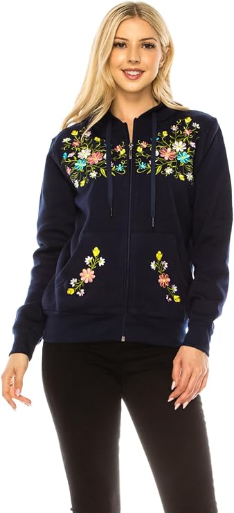 unik Women's Premium Quality Fleece Flower Embroidered, Soft Zip-up Satin Lined Hoodie with Kangaroo Pockets