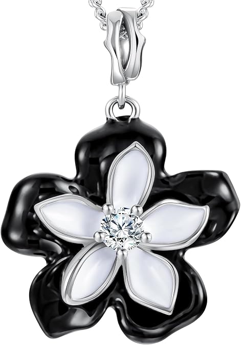 Flower Necklace for Women, 925 Sterling Silver Black Lorraine Necklace Pendant Necklaces Jewelry Mother's Day Anniversary Birthday Christmas Special Occasion Gift For Her Mom Wife Girlfriend Grandma