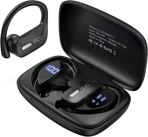 occiam Sport Wireless Earbuds Bluetooth Headphones 90hrs Playtime Deep Bass Ear Buds with Earhook Noise Cancelling Mic Waterproof Earphones for Workout Running (Matte Black)