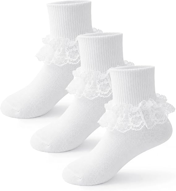 Funjoon Girls Ruffle White Socks Toddler Dress Lace Frilly Crew School