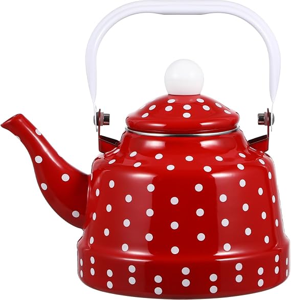 Cabilock 1.8 qt Red Enamel Tea Kettle with Polka Dots for Stovetop Water
