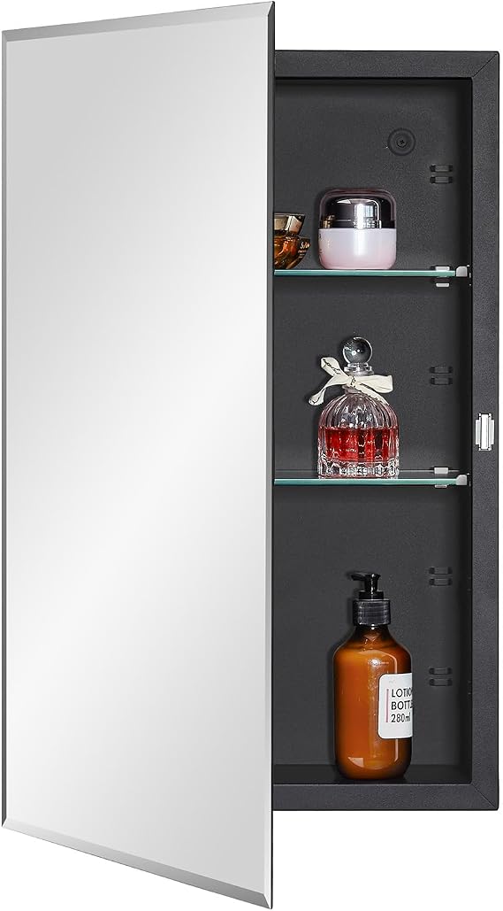 IDYLLOR Black Bathroom Medicine Cabinet with Beveled Edge Mirrored Door 15 x 24 inch, Recessed or Surface Mount, with Adjustable Glass Shelves
