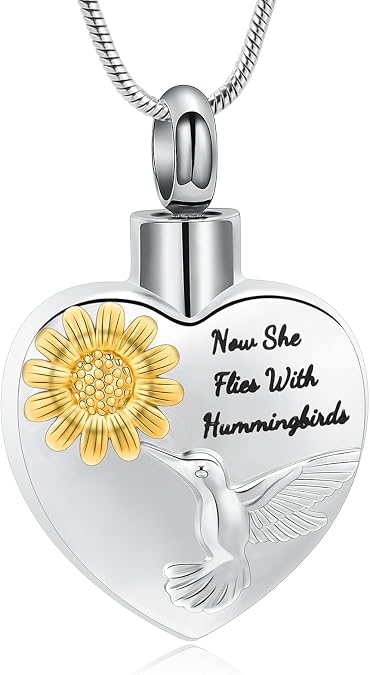 Hummingbird Urn Necklace with Sunflower for Ashes Heart Memorial Pendant Stainless Steel Cremation Jewelry Ash Keepsake for Women Men