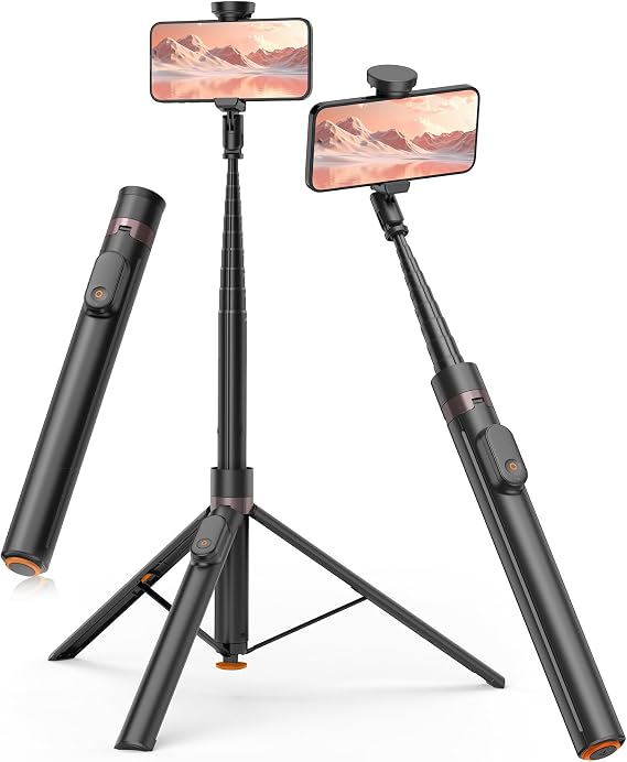 TONEOF 71" Magnetic Phone Tripod with Magnetic Rechargable Remote,Selfie Stick 360 Vertical & Horizontal Rotatable,Stable for iPhone/Android(Beige Gray)