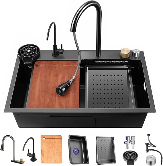 Flying Rain Stainless Steel Watefall Kitchen Sink wtih PullDown Faucet Set Nano Black 31.5 INCH