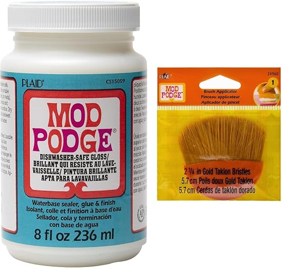 Mod Podge Dishwasher Safe Waterbased Sealer, Glue and Finish (8-Ounce), CS15059 Gloss, 8 Ounce & Paint Brush Applicator, 24960 2.25-Inch, Basic