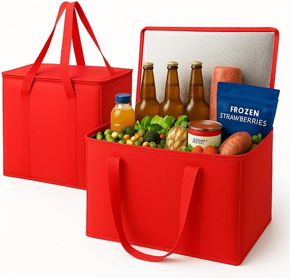 musbus 2-Pack XL-Large Insulated Grocery Shopping Bags, Red, Reusable bag