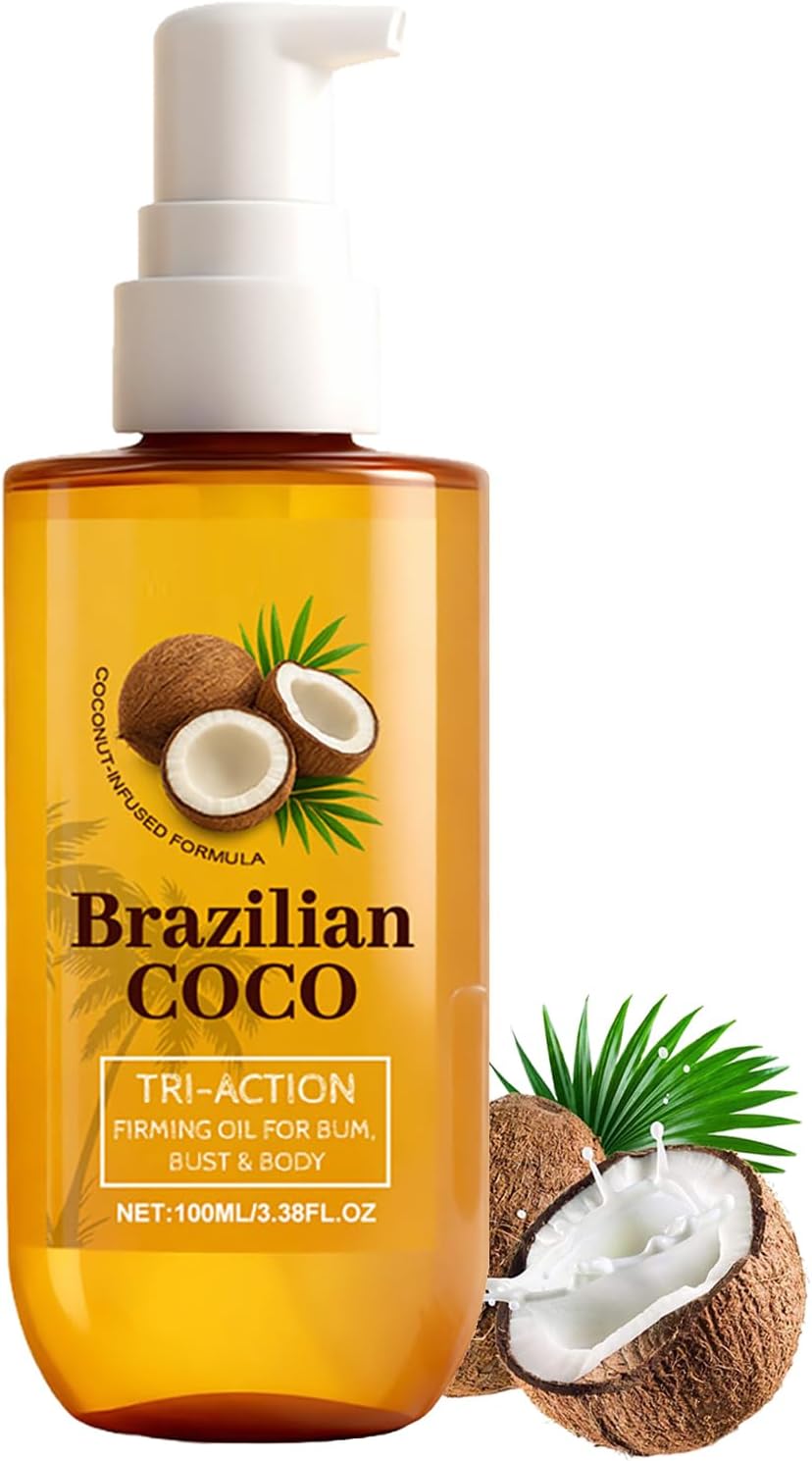 Coconut Body Oil Formula Brazilian Coco - Deep Moisturising Body Oil for Dry Skin - Lightweight Glow Oil for Body &amp; Massage - Skin Tightening &amp; Firming of Bum, Bust &amp; Belly - Fast Absorbing Hydration