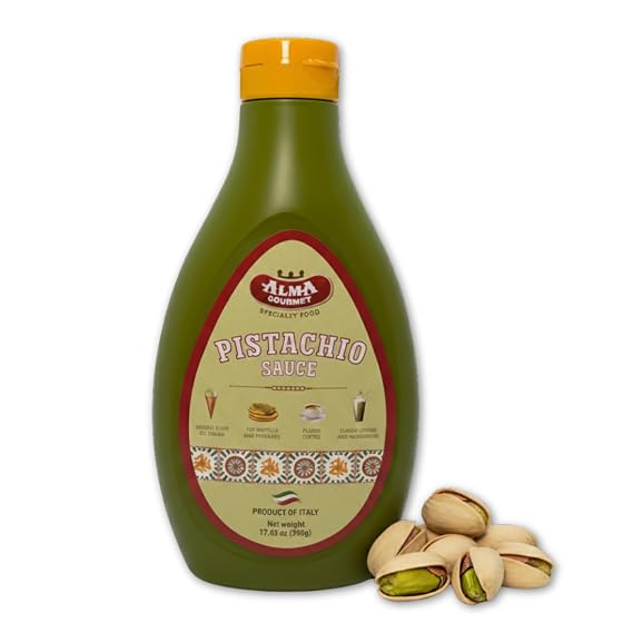 Alma Gourmet Sicilian Pistachio Sauce 17.6oz (500g) Italian Pistachio Cream Dessert & Coffee Drizzle Topping for Ice Cream, Gelato, Waffles, Pancakes, Crepes, Cakes & Lattes | Made in Italy