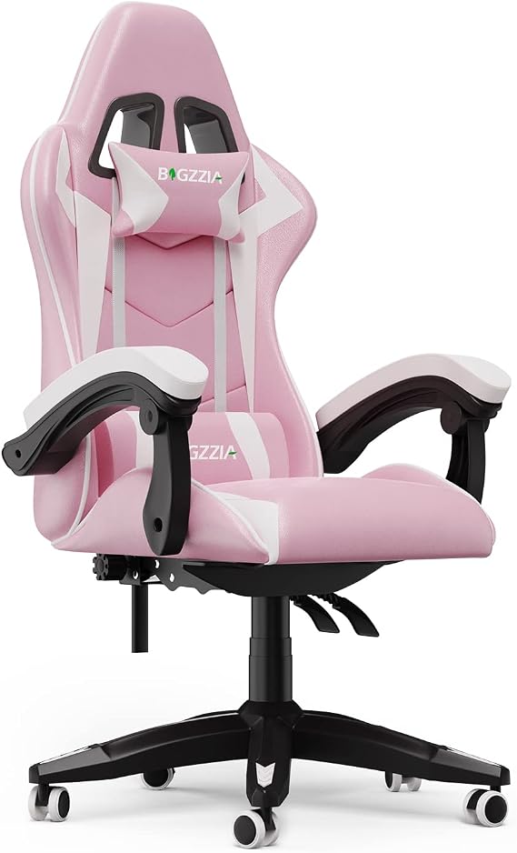 Bigzzia Gaming Chair for Adults, Ergonomic Computer Game Chairs, Headrest and Lumbar Support, Adjustable Height, Reclining, Racing Style, and 360Swivel Seat, Light Pink