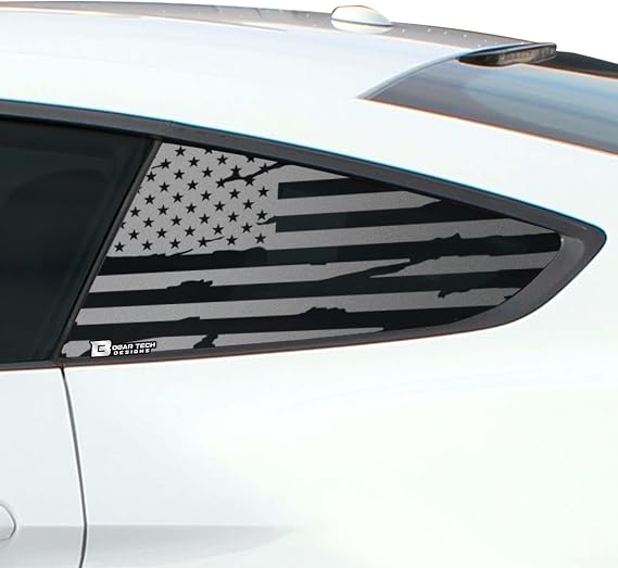 Bogar Tech Designs - PRECUT Quarter Window American Flag Vinyl Decal Compatible with Ford Mustang 2015-2023, Distressed Matte Black