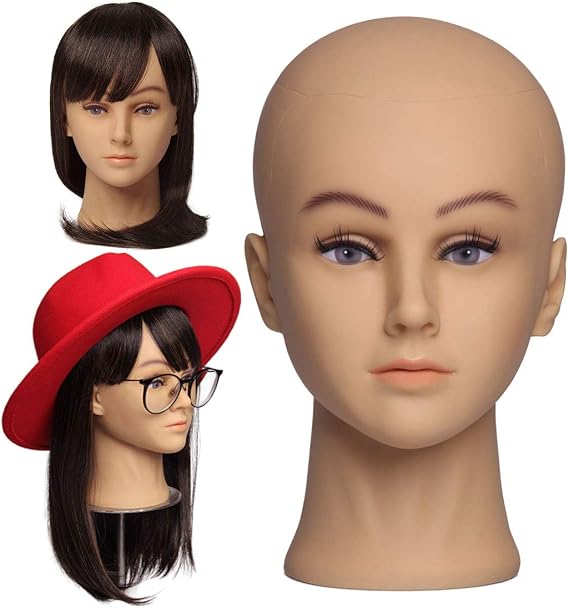 Bald Mannequin Head with Eyelash Female Wig Head Professional Cosmetology for Wig Making and Display Hat Helmet Glasses or Masks Display Head Model with Free T-Pins
