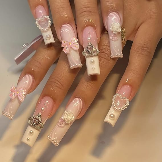 LPOODDNU 24 Pcs Press on Nails Long Square Fake Nails French False Nail Tips Glossy Pink Acrylic Nails Full Cover Pearls Charms Rhinestones Design Glue on Nails for Women and Girls