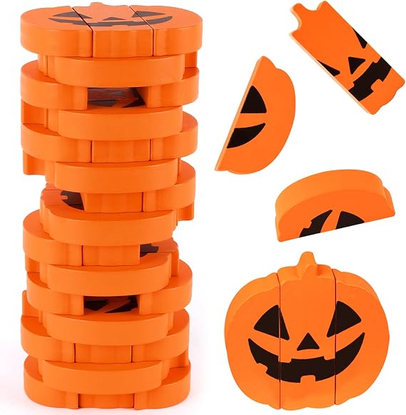 Halloween Wooden Blocks Stacking Game, Tumbling Tower and Balance Games, Ideal for Family Gathering, Fall Pumpkin-Themed Indoor and Outdoor Play& Decor