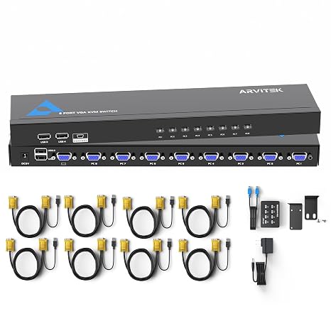 8 Port VGA KVM Switch 1U Rack Mount, Control 8 Computers with One Monitor Keyboard and Mouse, VGA USB KVM Switch with 4 USB 2.0 Ports, Desktop Controller, Includes 8 KVM Cables & Rack Ears