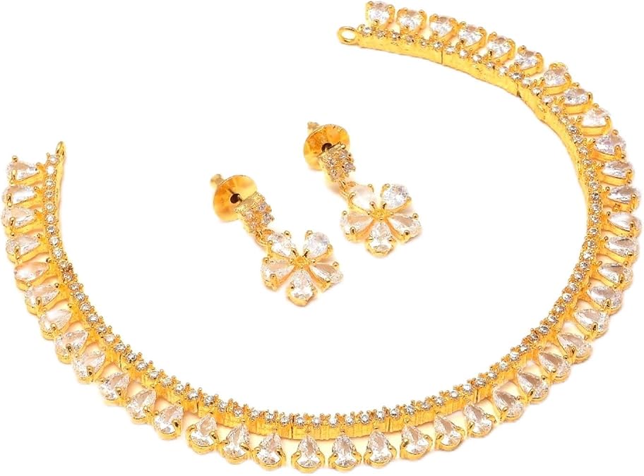 Jewar Indian Necklace Set AD CZ Elegant Gold Plated Sparkling Crystals Choker with Earrings Jewelry for Women | Traditional Ethnic Wear | Perfect for Weddings, Festivals, Parties, and Gifts