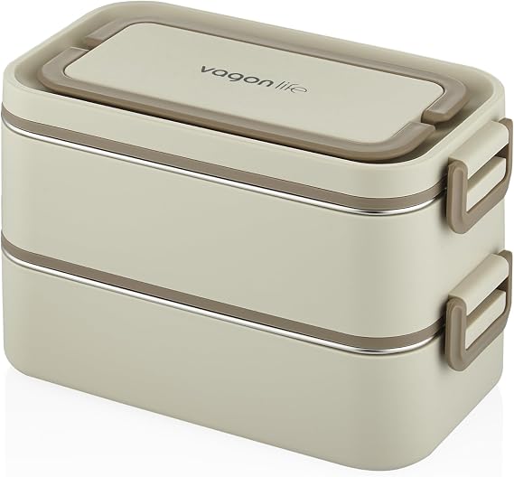 Beslenme Kutusu Paslanmaz Çelik - 2000 ml Çorba (Yoğurt) Kaseli 2 Katlı Yeni Nesil Sefer Tası Lunch Box (Bej)