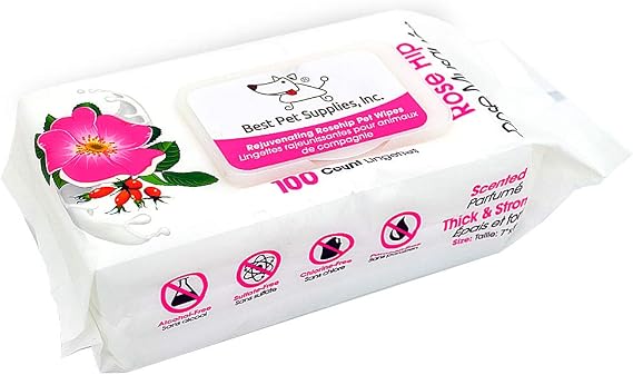 Best Pet Supplies Dog Wipes, Hypoallergenic, Deodorizing, Cleaning for Dogs' Paws, Butt, Face, Grooming, Non-Sticky Formula for Puppy, Cats and Sensitive Skin - 100 Pack, Rejuvenating Rose Hip